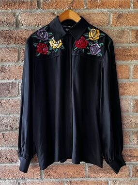 I.B. Diffusion Vintage 100% Silk Black Beaded Sequin Rose Western Blouse 8